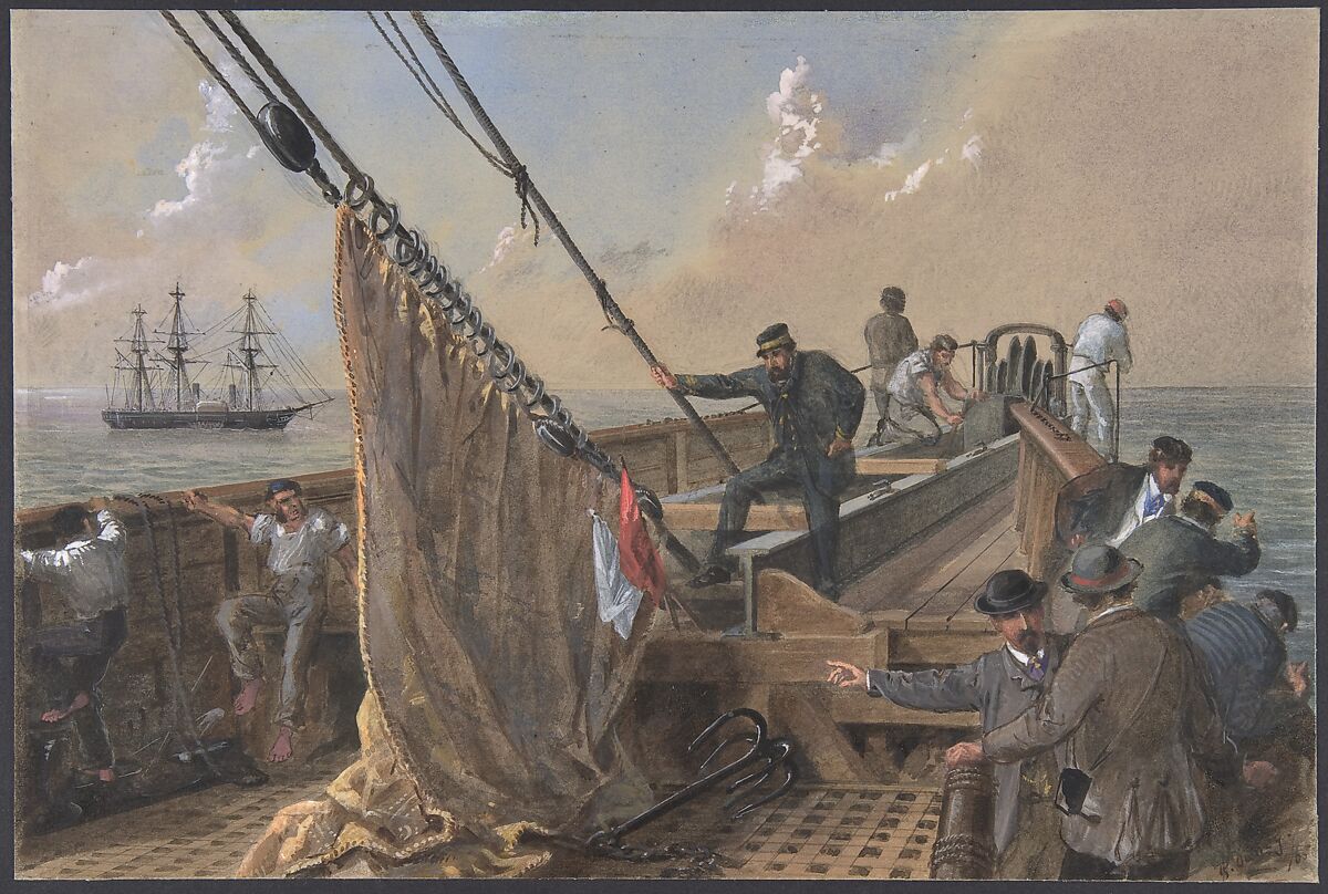 Forward Deck of the Great Eastern Cleared for the First Attempt to Grapple for the Lost Cable, August 11th, 1865, Robert Charles Dudley (British, 1826–1909), Watercolor over graphite with touches of gouache (bodycolor) 
