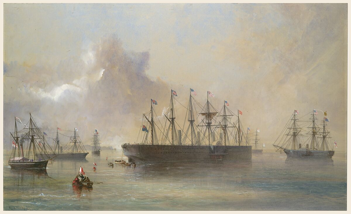 The Atlantic Telegraph Cable Fleet Assembled at Berehaven (Southwest Coast of Ireland): Ships, the Great Eastern, H.M.S. Terrible, the Alby, the Medway and the William Cory, Robert Charles Dudley  British, Watercolor over graphite with touches of gouache (bodycolor)