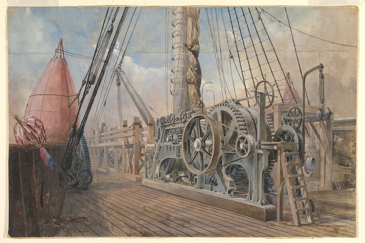 Deck of the Great Eastern, the Cable Trough, etc., 1866, Robert Charles Dudley (British, 1826–1909), Watercolor over graphite with touches of gouache (bodycolor) 