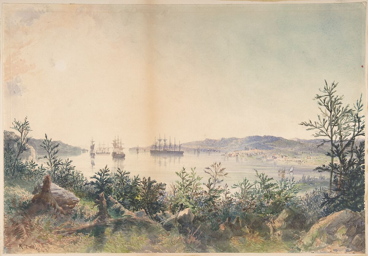 Arrival in Trinity Bay, Newfoundland: The Cable Passed to the Paddle-box Boat of the Terrible, etc., Robert Charles Dudley (British, 1826–1909), Watercolor over graphite with touches of gouache (bodycolor) 