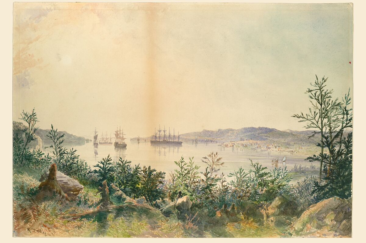 Arrival in Trinity Bay, Newfoundland: The Cable Passed to the Paddle-box Boat of the Terrible, etc., Robert Charles Dudley (British, 1826–1909), Watercolor over graphite with touches of gouache (bodycolor)