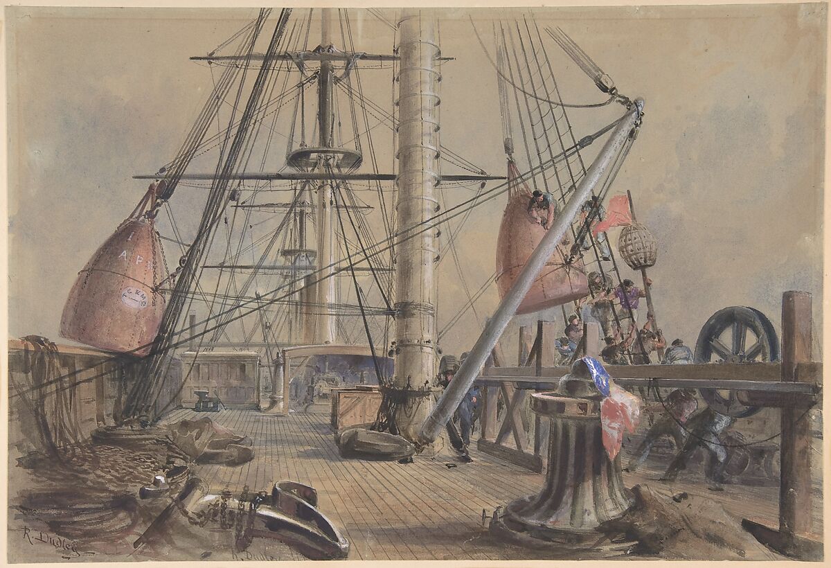 Getting Out One of the Great Buoys: The Deck of the Great Eastern Looking From the Forecastle, Robert Charles Dudley (British, 1826–1909), Watercolor over graphite with touches of gouache (bodycolor) 