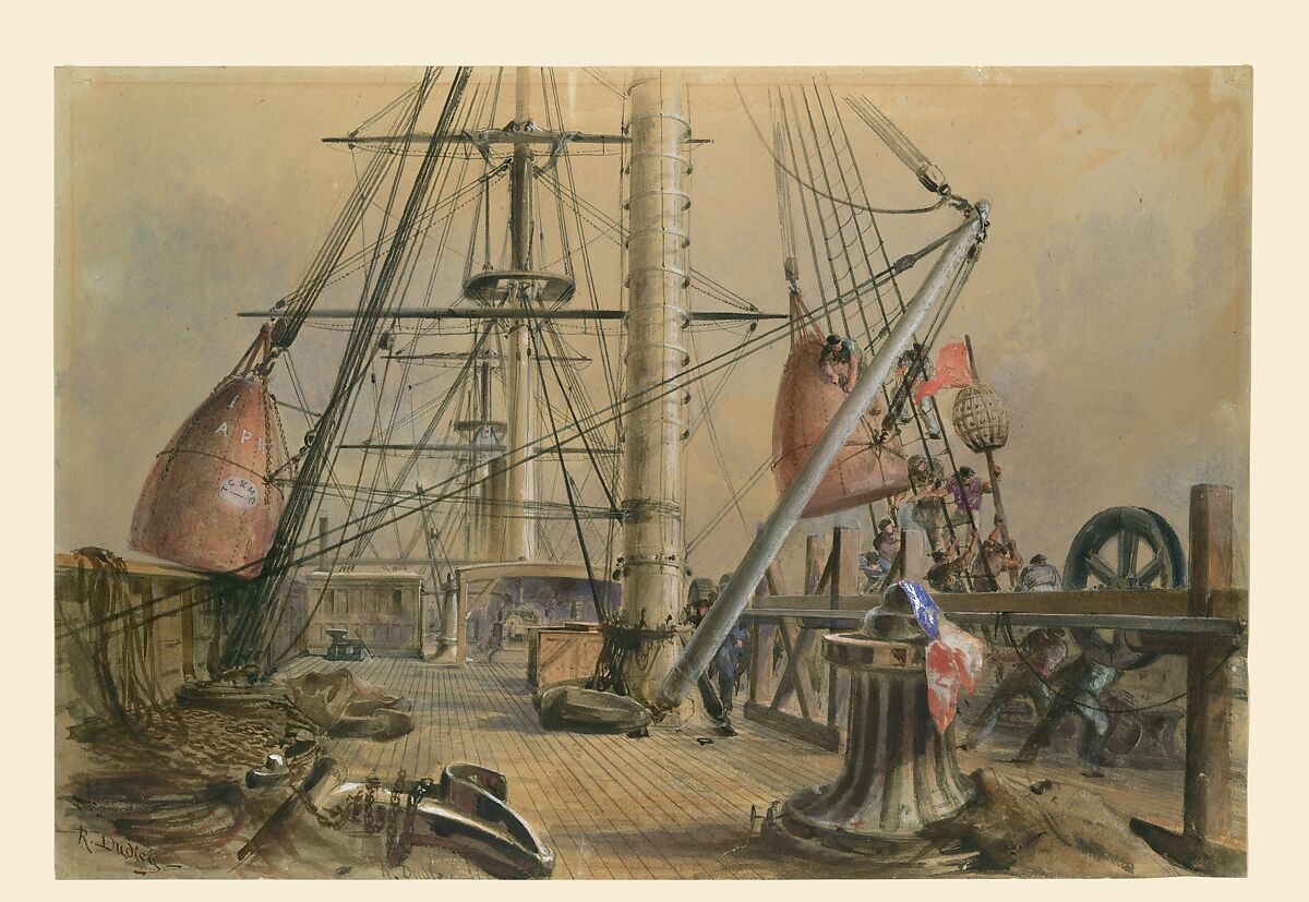 Getting Out One of the Great Buoys: The Deck of the Great Eastern Looking From the Forecastle, Robert Charles Dudley (British, 1826–1909), Watercolor over graphite with touches of gouache (bodycolor)