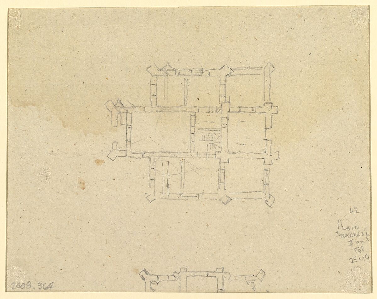 Design for rock-work at Virginia Water, Windsor Great Park (recto); Two Architectural Plans (one partially cut off) (verso), Thomas Sandby (British, baptized Nottingham 1723–1798 Windsor), Pen and gray ink, brush and gray wash, over graphite (recto); graphite (verso)