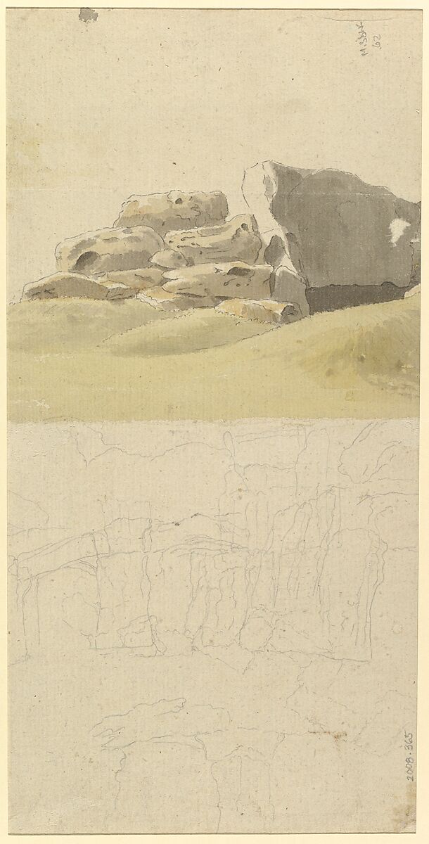 Design for rock-work and cascades at Virginia Water, Windsor Great Park (recto). Rock-work Designs (verso), Thomas Sandby (British, baptized Nottingham 1723–1798 Windsor), Pen and ink and watercolor, over graphite