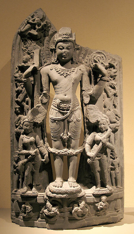 Standing Vishnu with His Consorts, Lakshmi and Sarasvati, Black stone, India (Bihar) 