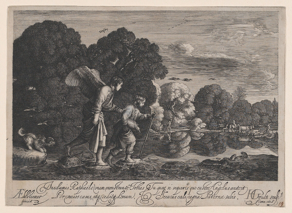 Tobias and the Angel (small plate), Hendrick Goudt (Dutch, The Hague 1583–1648 Utrecht), Engraving; Holl.'s second state of three 