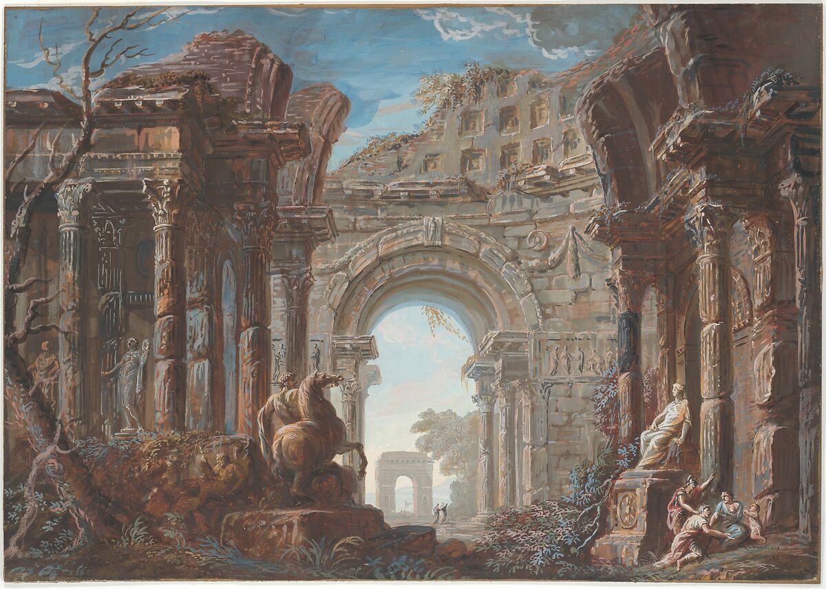 Architectural Capriccio with a Monumental Arch, Jean Nicolas Servandoni (Italian, Florence 1695–1766 Paris), Gouache with touches of gum arabic on antique laid paper 