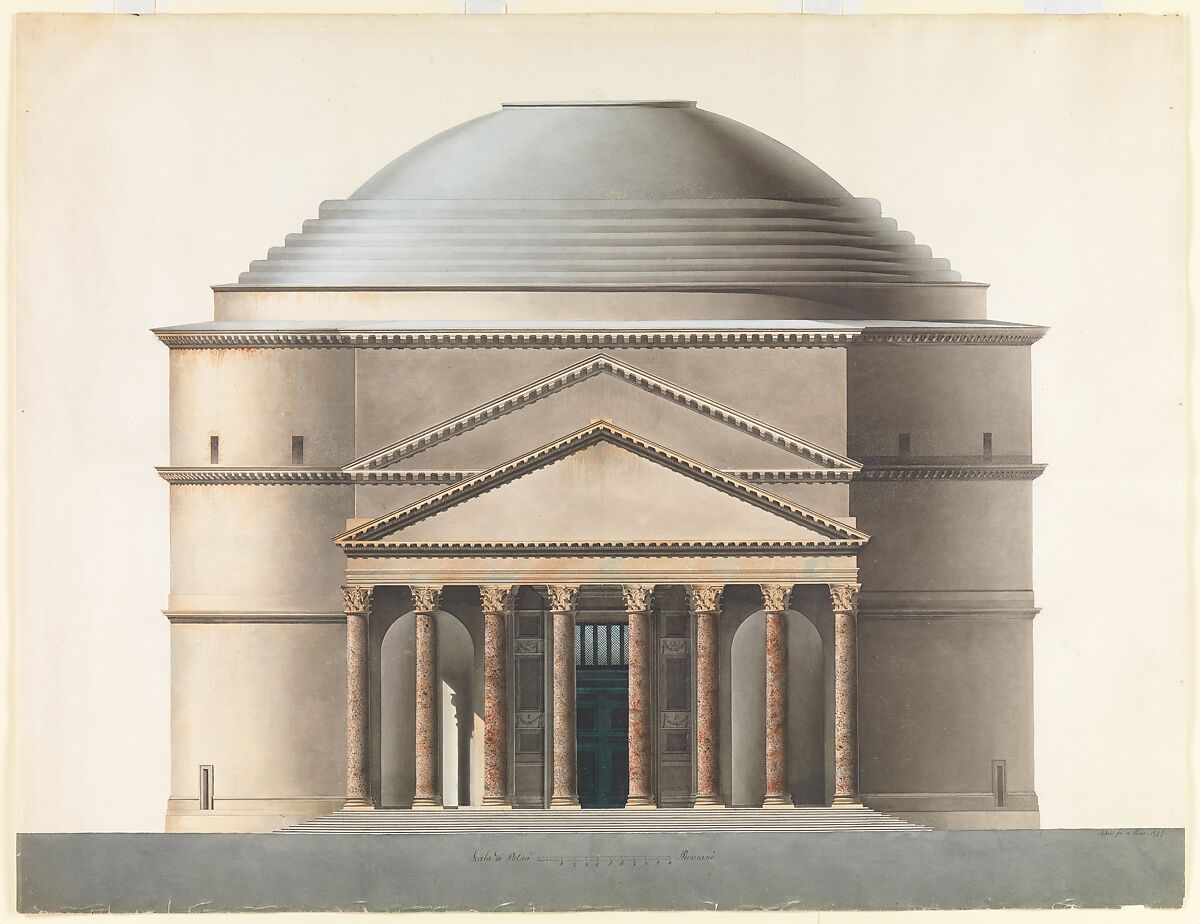 Architectural Project based on the Pantheon, Ahlsned (Scandinavian, active ca. 1847), Pen and ink, brush and watercolor 