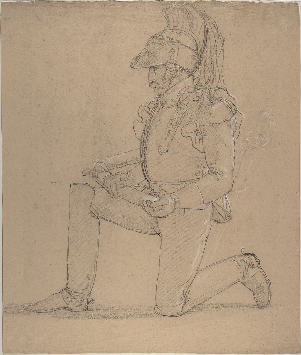 Kneeling Cuirassier, Pierre Narcisse Guérin  French, Black and white chalk on buff paper