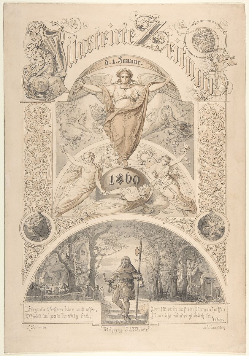 Cover design for the "Illustrirte Zeitung", Johann Caspar Nepomuk Scheuren (German, Aachen 1810–1887 Düsseldorf), Pen and gray ink, brush and brown and gray wash, over graphite 