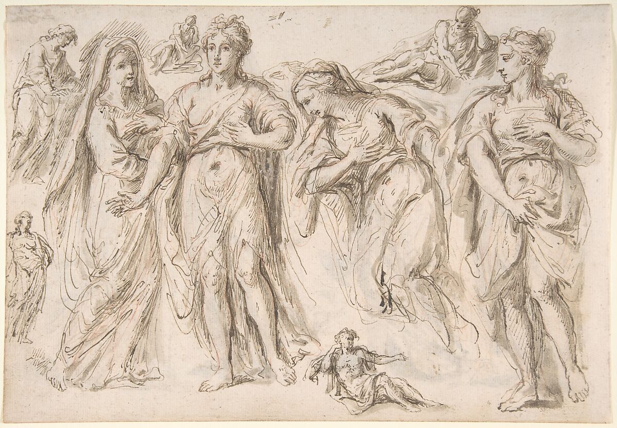 Studies of draped female and male figures; verso: Studies of draped female figures, Bartholomaeus Ignaz Weiss (German, Munich 1730–1814/15 Munich), Pen and brown ink, brown wash, over red chalk 