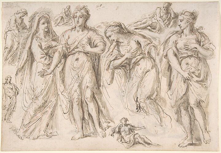 Studies of draped female and male figures; verso: Studies of draped female figures