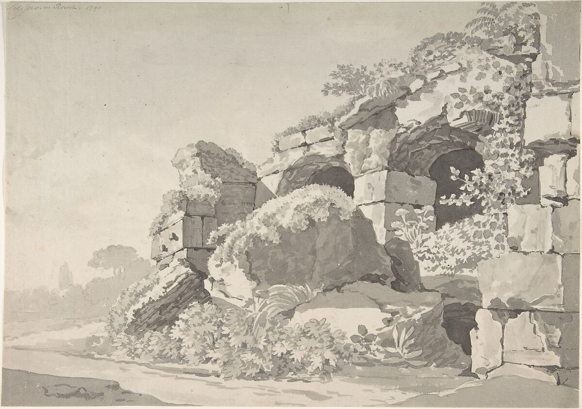 Partial View of the Colosseum; verso: Sketch of the Temple of Minerva Medicea, Johann Christian Klengel (German, Dresden 1751–1824 Dresden), Brush and gray ink, over black chalk; verso: graphite, blue wash 