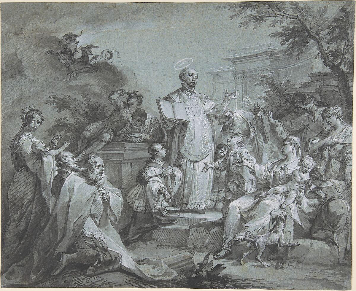 Saint Ignatius of Loyola Preaching, Johann Wolfgang Baumgartner (German, Kufstein 1712–1761 Augsburg), Pen and black ink, brush and gray ink, heightened with white bodycolour, over graphite; on blue paper; incised for transfer 