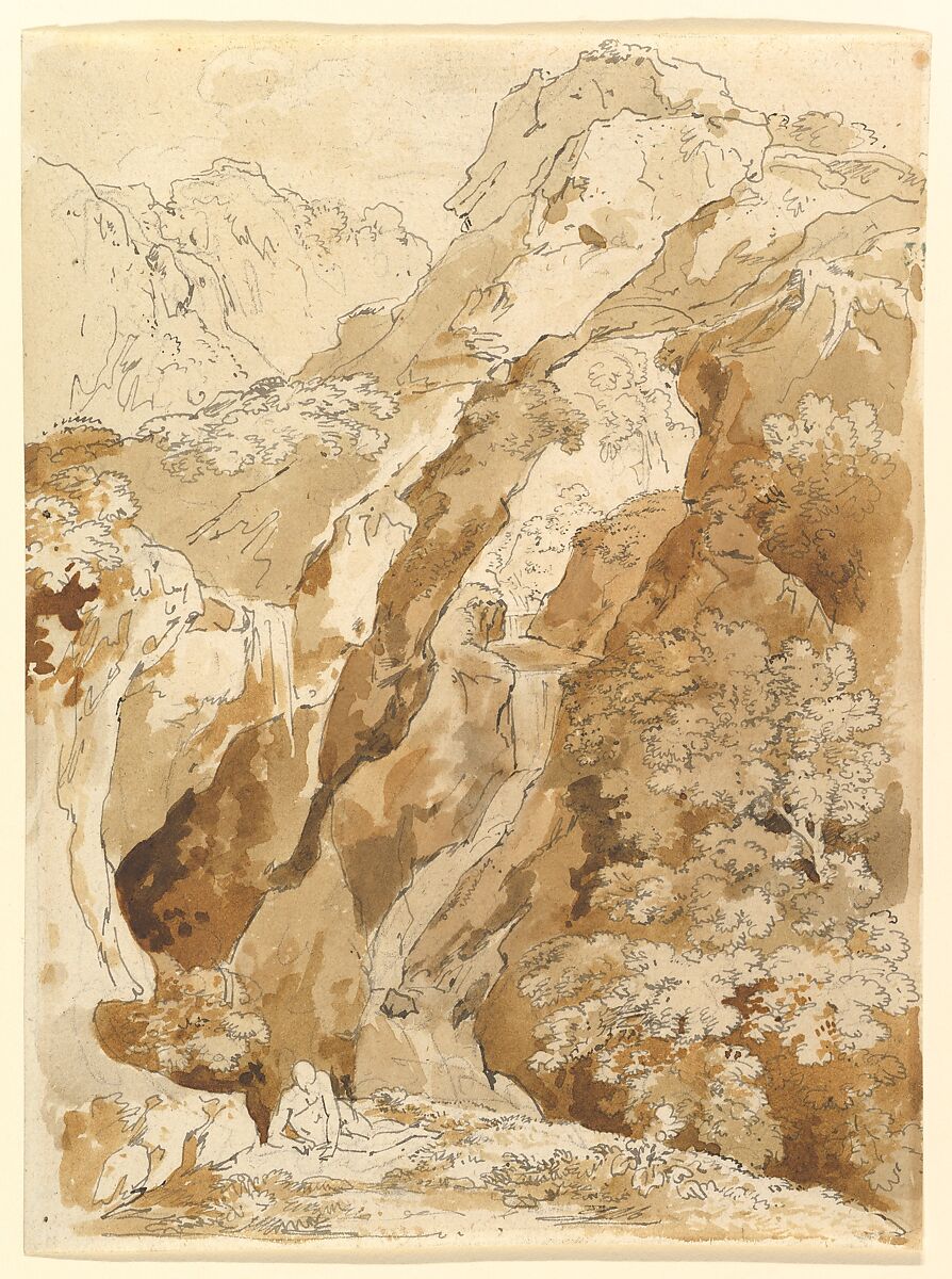 Reclining Man in a Mountainous Landscape with Waterfalls, Johann Georg von Dillis (German, Grüngiebing 1759–1841 Munich), Pen and brown ink, brush and brown wash, over graphite 