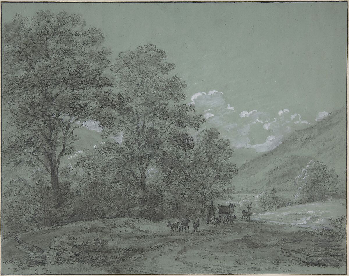 Landscape near Ruhpolding, Cantius Dillis (German, Gruengiebing 1779–1856 Munich), Black chalk, graphite, heightened with white bodycolor, on blue paper; framing lines in pen and black ink