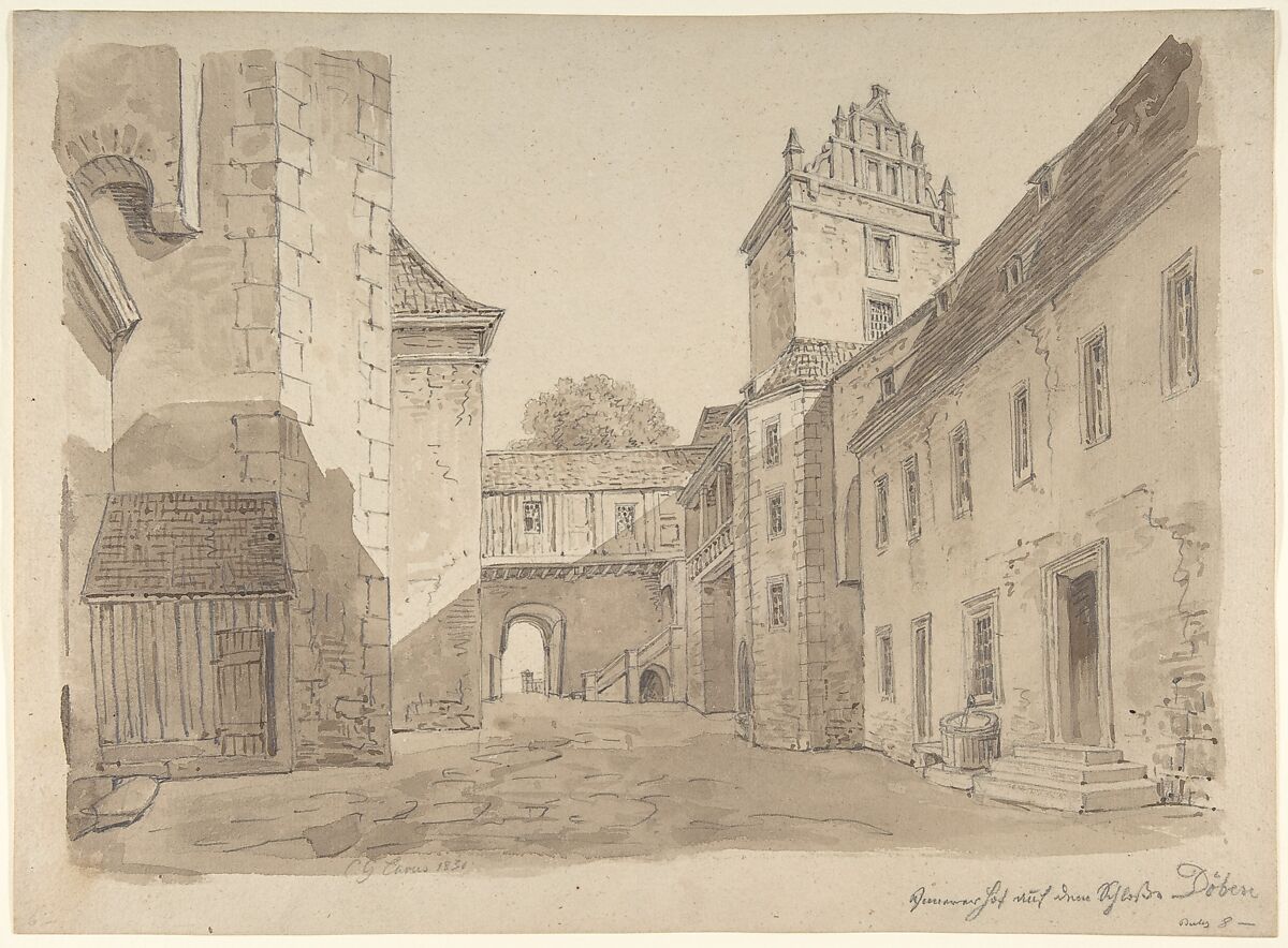 View of the Courtyard of the Castle at Döben, Carl Gustav Carus (German, Leipzig 1789–1869 Dresden), Graphite and brush and brown wash 