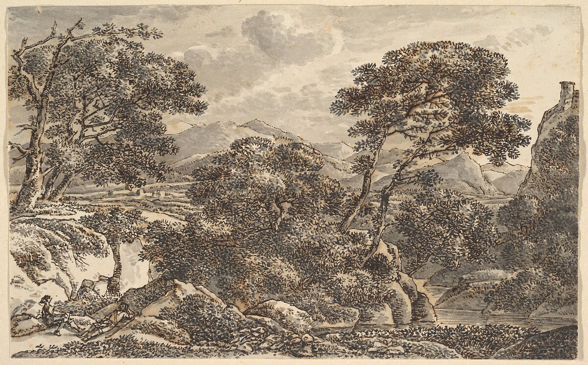 Southern Landscape with Resting Wayfarers at a River, Ferdinand Kobell (German, Mannheim 1740–1799 Munich), Pen and brown ink, brush and gray ink 