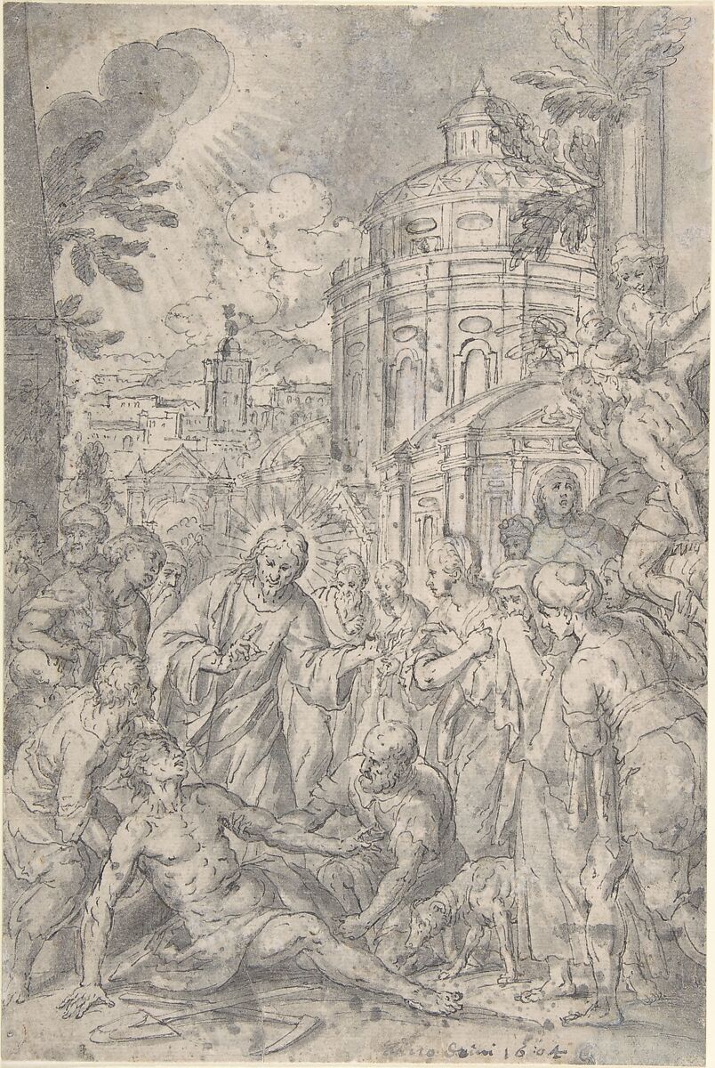 The Raising of the Youth of Naim, Georg Pecham (German, Munich ca. 1568–1604 Munich), Pen and black ink, gray wash, white bodycolour; on a counterproof of a pen drawing 