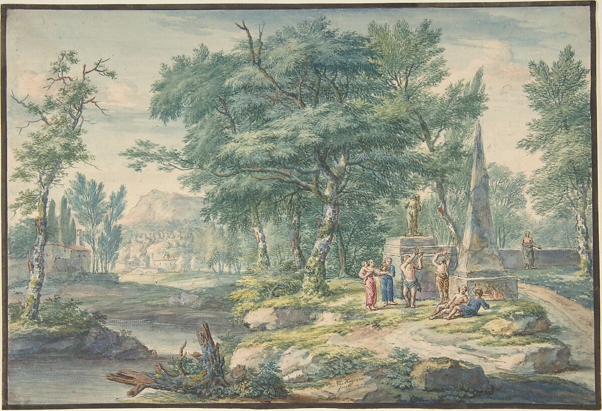 Arcadian Landscape with Figures Making Music, Jan van Huysum (Dutch, Amsterdam 1682–1749 Amsterdam), Pen and gray ink and watercolor. Broad framing line in black ink 