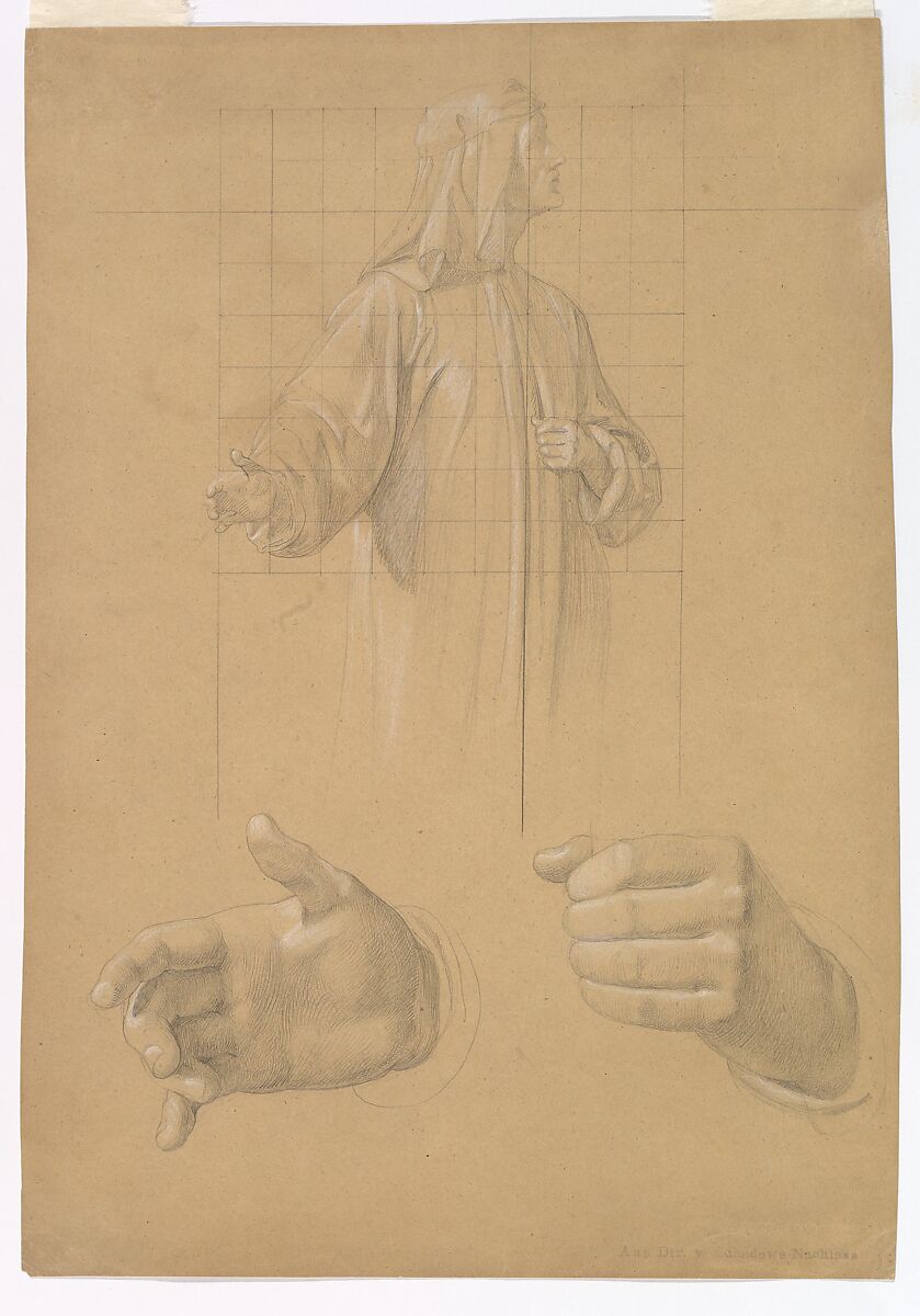 Study of a Standing Man with Headcloth and Two Studies of his Hands, Wilhelm Schadow (German, Berlin 1788–1862 Düsseldorf), Graphite, heightened with white chalk, on light brown paper 