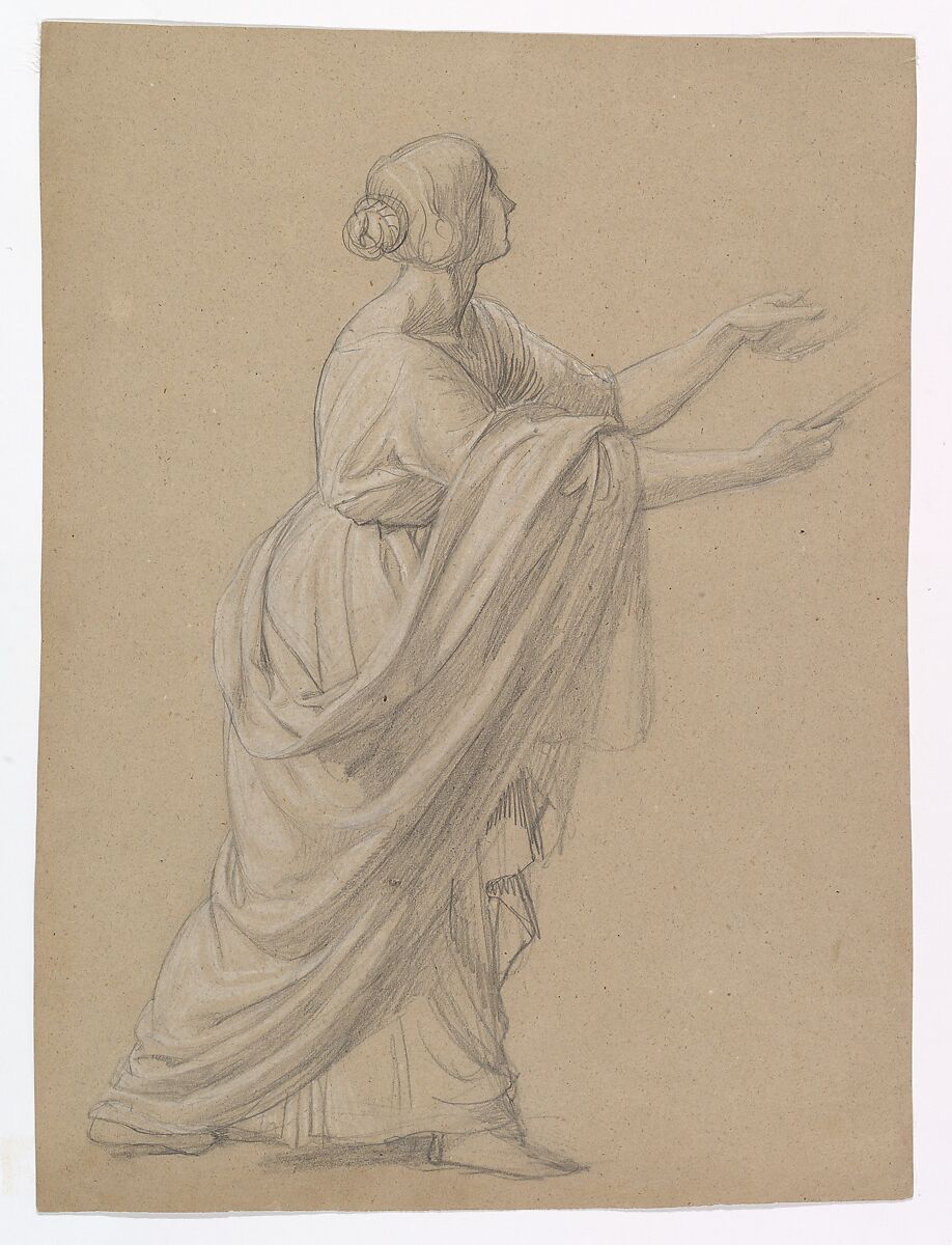 Study of a Woman Walking to the Right, Wilhelm Schadow (German, Berlin 1788–1862 Düsseldorf), Graphite, white chalk, on light brown paper 