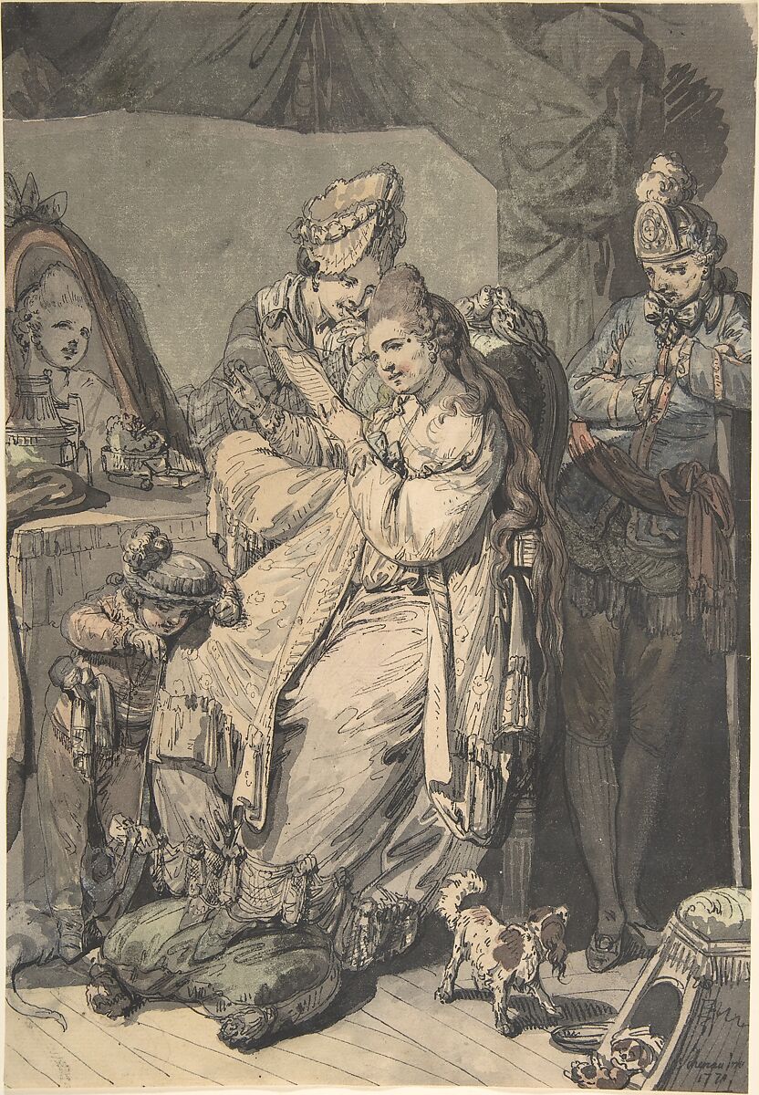 A Woman at her Toilet with a Maid, a Boy, a Dog and a Young Soldier; verso: A Sketch for a Similar Composition, Johann Eleazar Zeissig, called Schenau (German, Grossschönau (Gross-Schönau) 1737–1806 Dresden), Pen and black ink, brush and gray wash, watercolour, over black chalk or graphite 