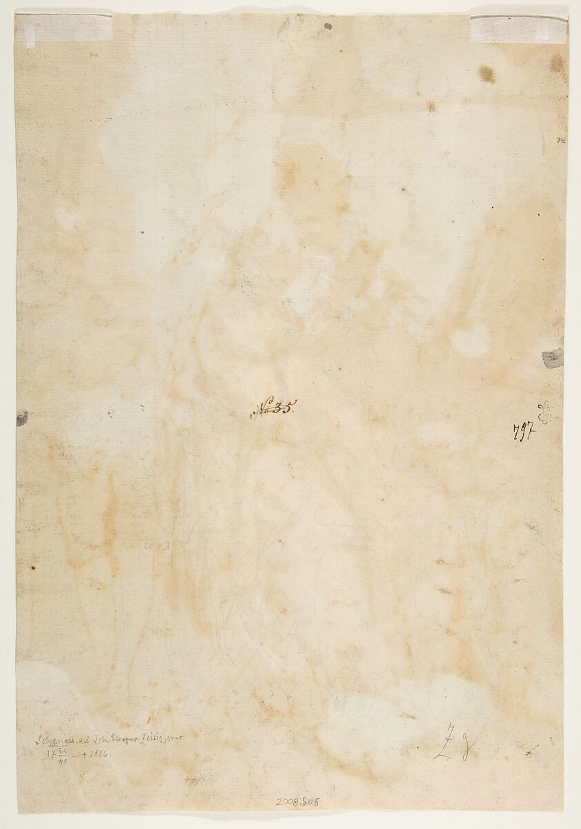 A Woman at her Toilet with a Maid, a Boy, a Dog and a Young Soldier; verso: A Sketch for a Similar Composition, Johann Eleazar Zeissig, called Schenau (German, Grossschönau (Gross-Schönau) 1737–1806 Dresden), Pen and black ink, brush and gray wash, watercolour, over black chalk or graphite