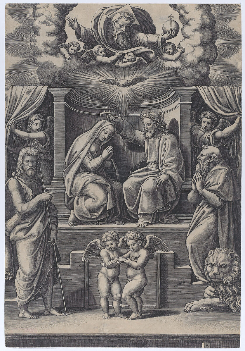 The Coronation of the Virgin, at lower left stands St John the Baptist, at lower right St Jerome, God the father above, Master of the Die (Italian, active Rome, ca. 1530–60), Engraving