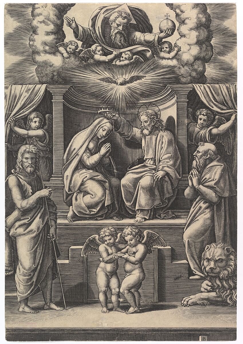 The Coronation of the Virgin, at lower left stands St John the Baptist, at lower right St Jerome, God the father above, Master of the Die (Italian, active Rome, ca. 1530–60), Engraving 