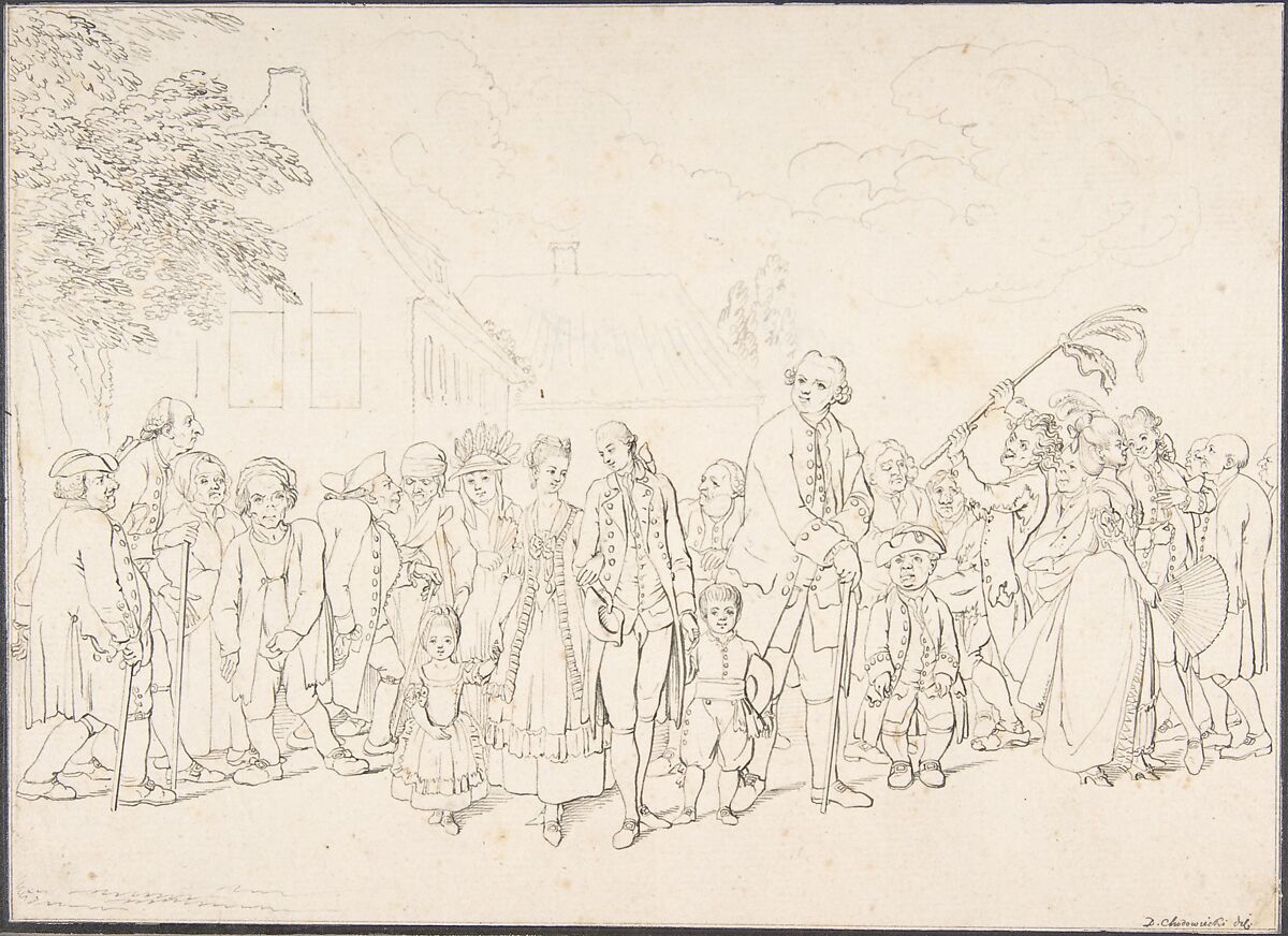 An Aristocratic Family Visiting Paupers, Daniel Nikolaus Chodowiecki (German, Danzig 1726–1801 Berlin), Pen and gray ink 