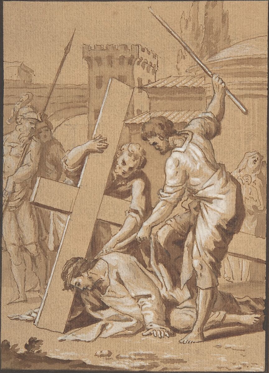 Christ on the Road to Calvary, Thaddäus Kuntz (Polish, Grünberg 1731–1793 Rome), Pen and ink, brush and wash on brown paper 