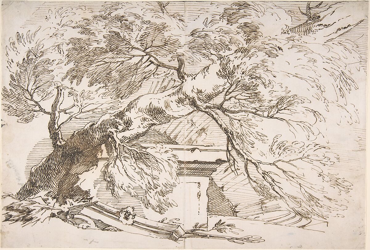 A Fallen Tree with Ruins, Paul Troger (Austrian,  Welsberg 1698–1762 Vienna), Pen and brown ink 