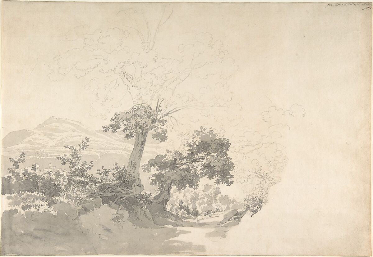 Landscape near Albano and Pallazole, Joseph Rebell (Austrian, 1786–1828), Pen and gray ink and graphite 