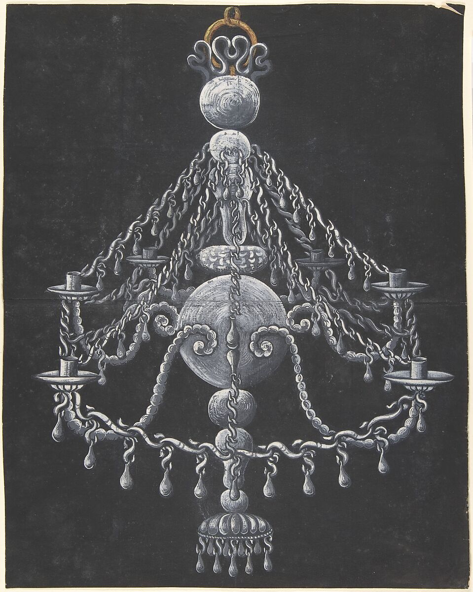 Design for a Chandelier, Anonymous, German, 18th century, Gouache on black prepared paper 