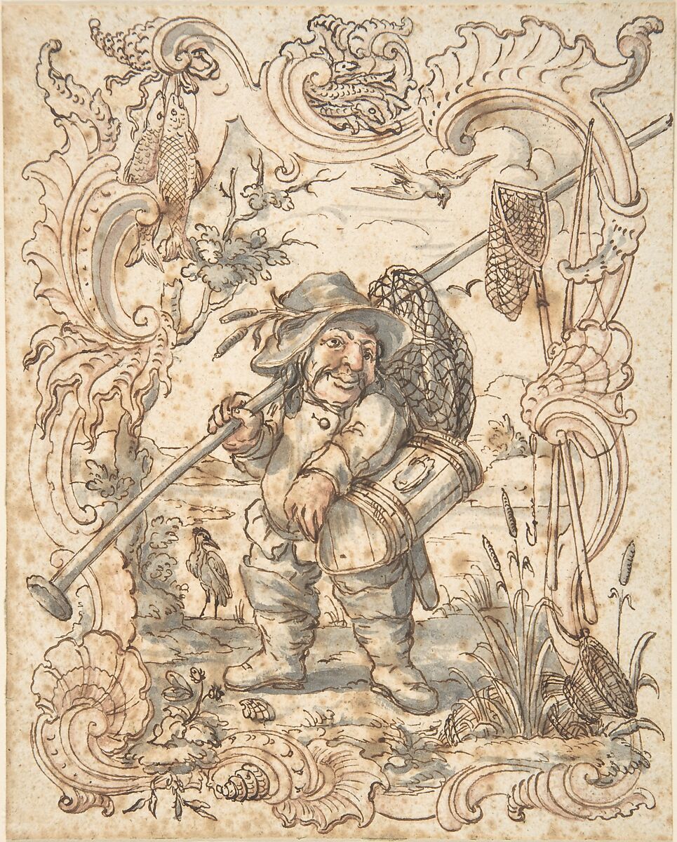 Caricatures of a Fish and a Bird Peddler in Ornamental Frames, Johann Esaias Nilson (German, Augsburg 1721–1788 Augsburg), Pen and brown ink with gray and reddish wash 
