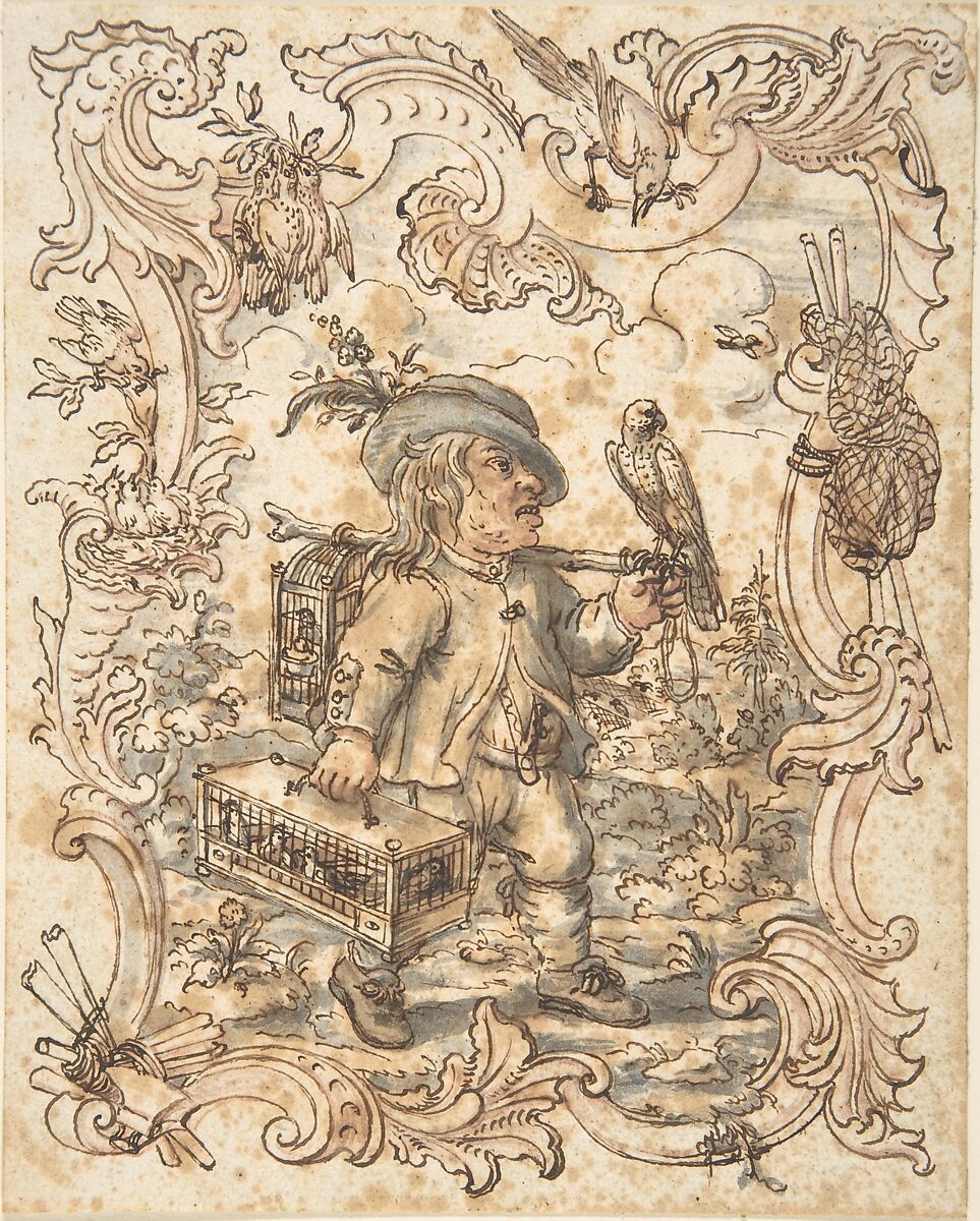 Caricatures of a Fish and a Bird Peddler in Ornamental Frames, Johann Esaias Nilson (German, Augsburg 1721–1788 Augsburg), Pen and brown ink with gray and reddish wash