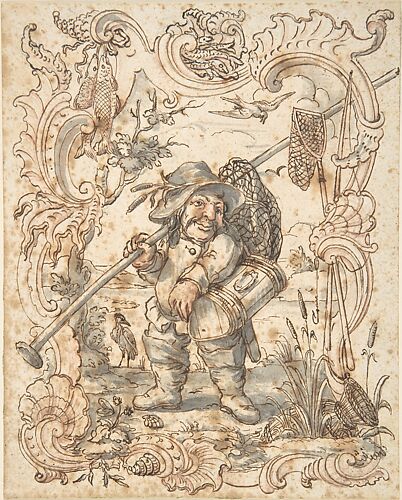 Caricatures of a Fish and a Bird Peddler in Ornamental Frames