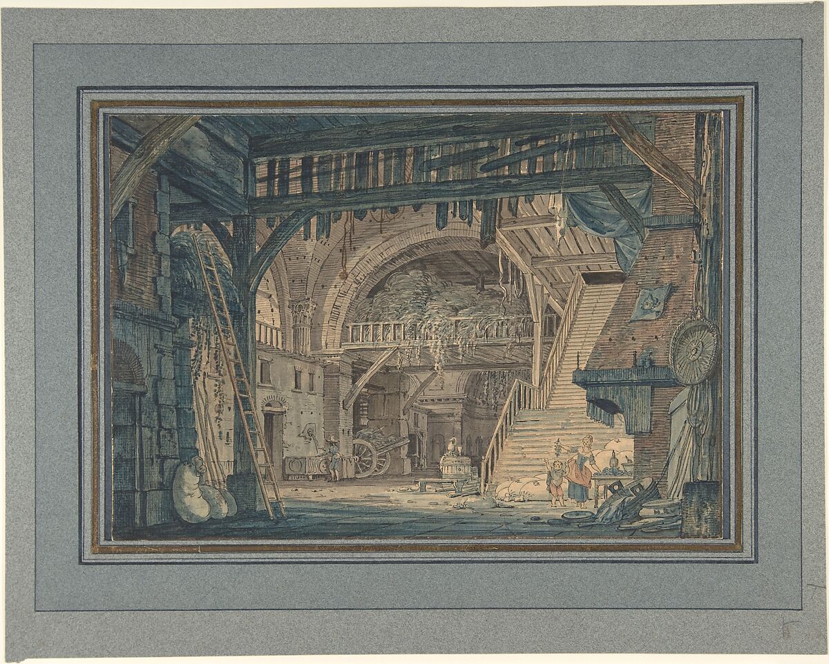 Stage Set Design of an Ancient Roman Ruin being Converted into a Barn, Johann Heinrich Ramberg (German, Hanover 1763–1840 Hanover), Pen and black ink, watercolor, and with touches of pen and brown ink 