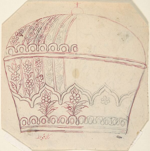 Design for a Helmet, Anonymous, Islamic, Graphite and pen and red ink 