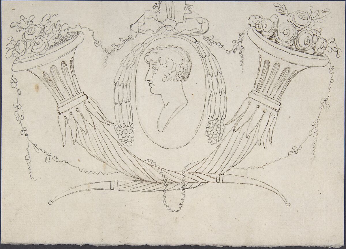 Medallion between Cornucopia, Anonymous, German, 19th century, Pen and brown and black ink, and graphite 