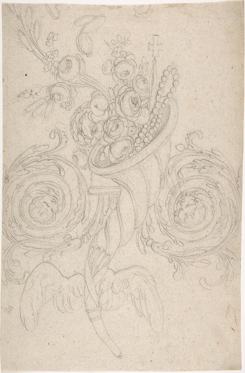 Cornucopia Held Aloft by Angels, Ornament with Cross and Rosary, Anonymous, German, 19th century, Graphite 