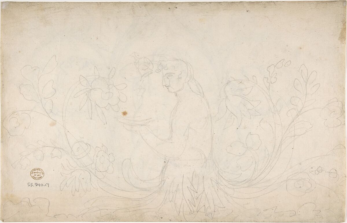 Ornament Containing a Nude Male with Pipes Framed by Two Dogs, Anonymous, German, 19th century, Graphite