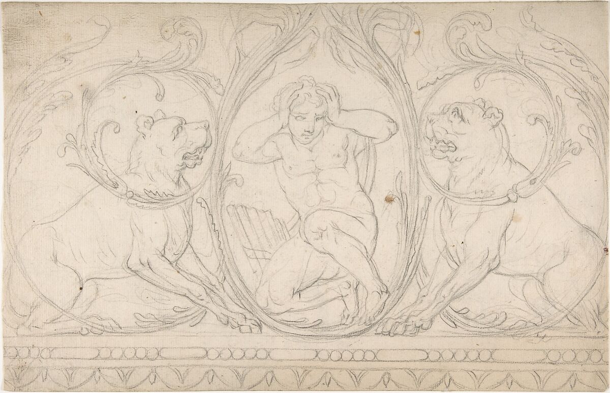 Ornament Containing a Nude Male with Pipes Framed by Two Dogs, Anonymous, German, 19th century, Graphite 