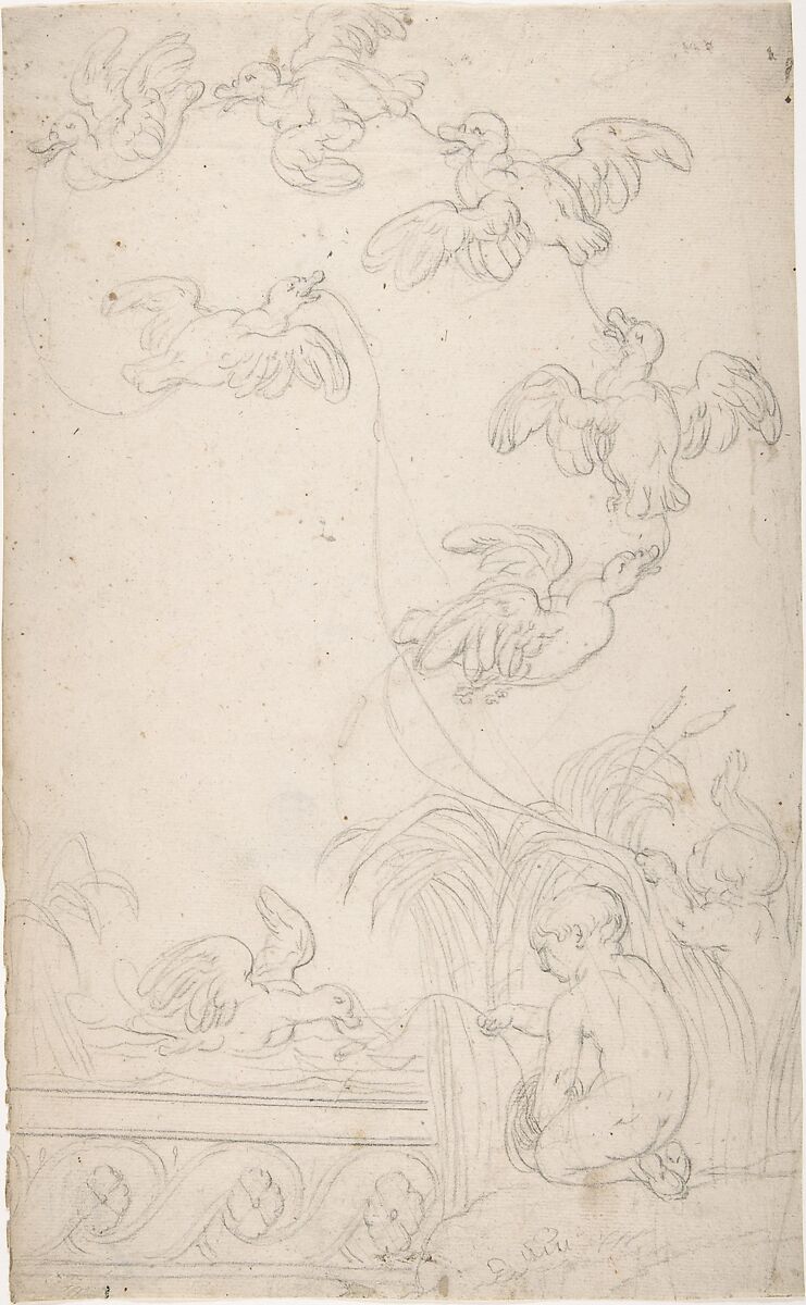 Ornament with Children Catching Ducks on Baited Strings, Anonymous, German, 19th century, Graphite 