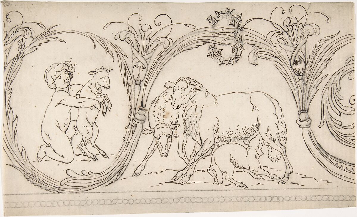 Ornament Containing a Boy and some Sheep, Anonymous, German, 19th century, Pen and brown ink, graphite with touches of black crayon 