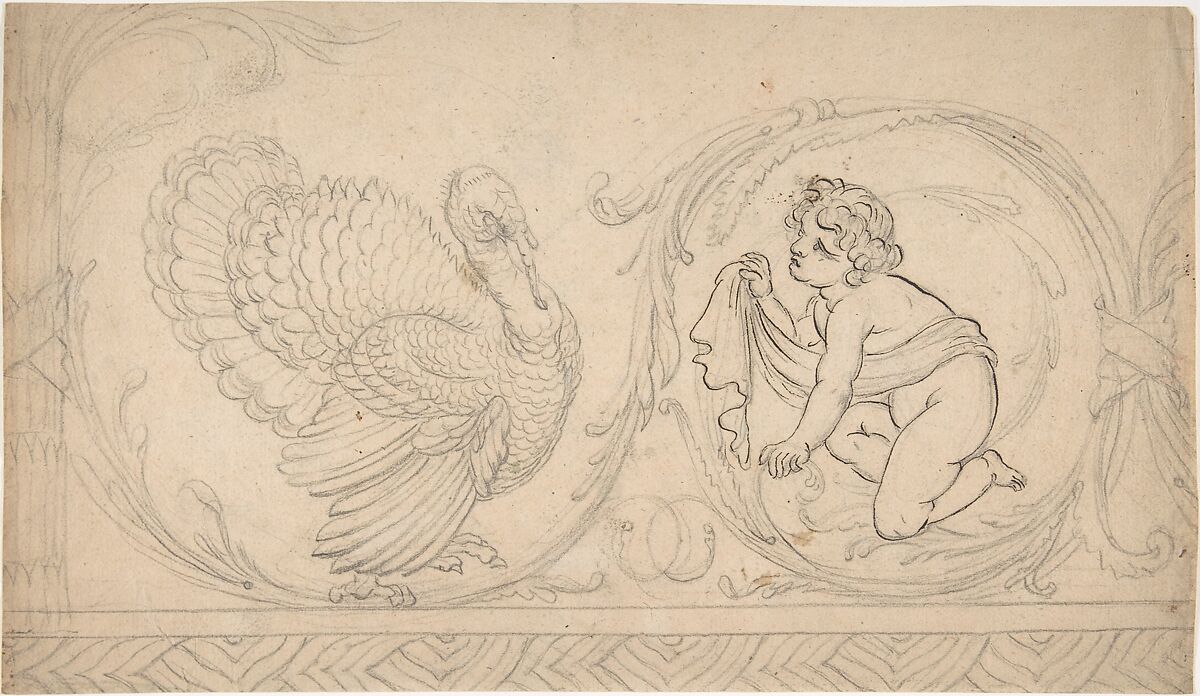 Ornament Containing Kneeling Boy and Turkey, Anonymous, German, 19th century, Graphite with pen and black ink 