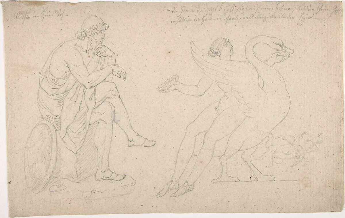 Ornament with Mythic Figures: Ulysses, a youth seated on a swan, Anonymous, German, 19th century, Graphite 