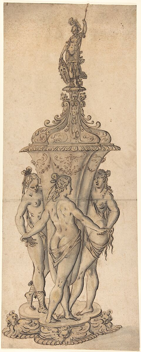 Design for a Goblet with the Three Graces, Anonymous, German, 17th century, Pen and black and brown ink, wash, and gold paint 